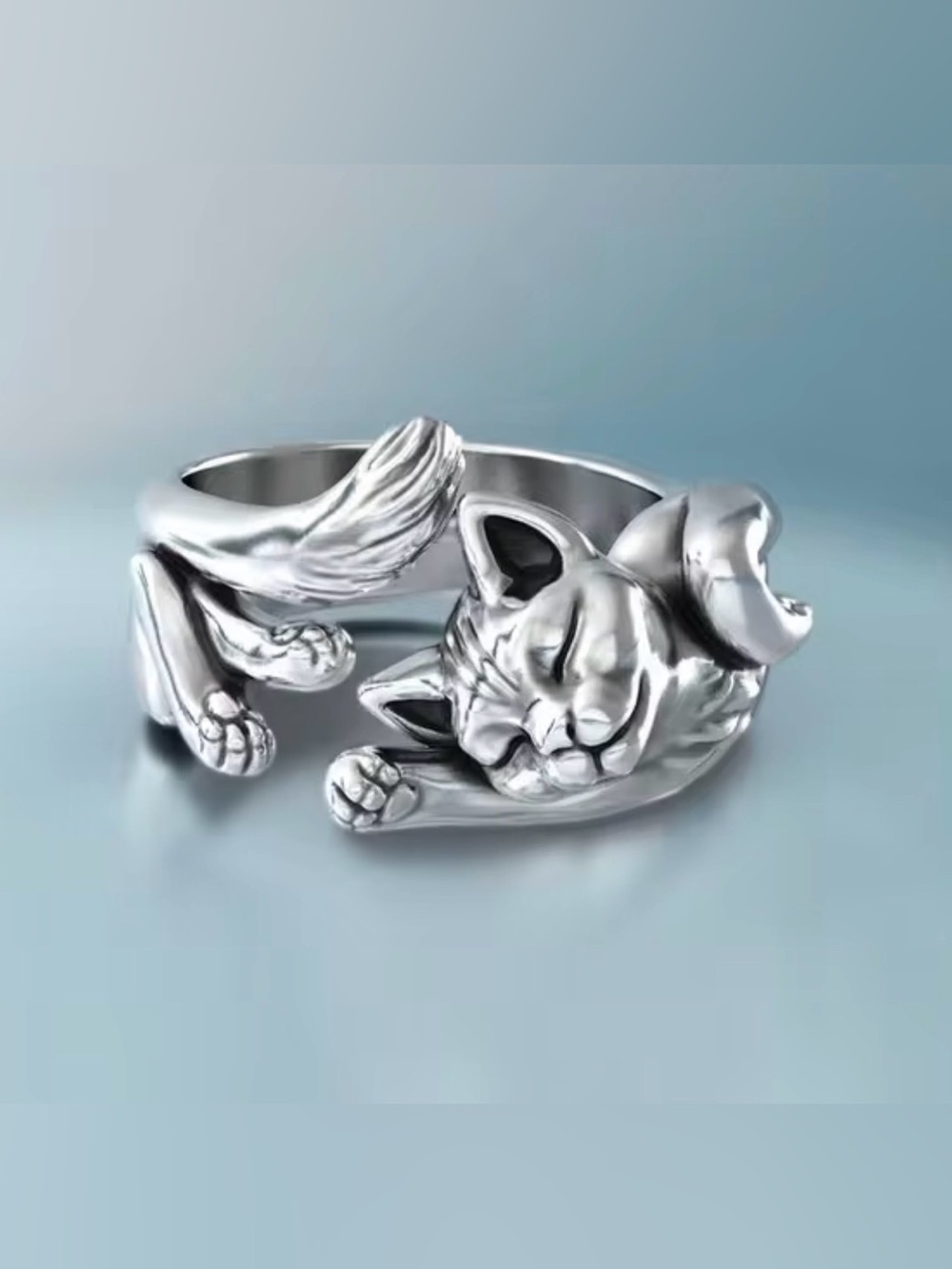 Silver Cat Wrap Ring with Gold Chain Detail